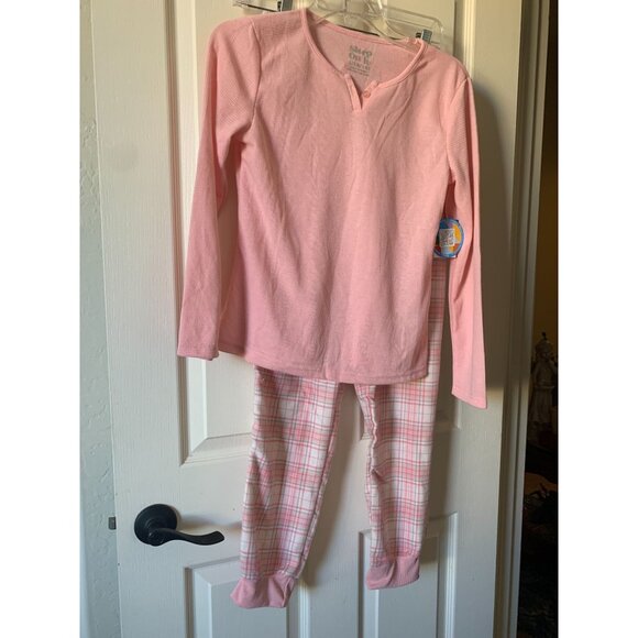 Girls Pink Thermal Pajama Set With Plaid Pants & Bow Accent - Picture 1 of 7
